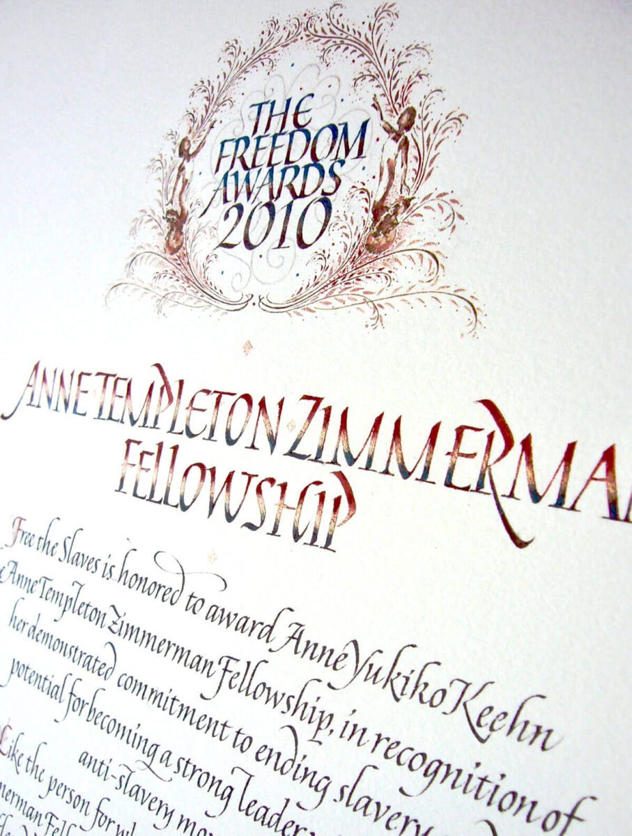 Certificate for The Freedom Award 2010 - Yukimi Annand